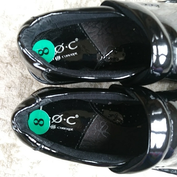 NWOT B.O.C. Concept Patent Leather Wedge Chunky Heel Mules Clogs 8M Black Glossy - Picture 3 of 15